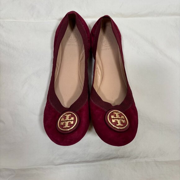Tory Burch Caroline 2 Ballet Flats Shoes Slipons Cabernet Suede Leather Size 8 - Picture 1 of 7
